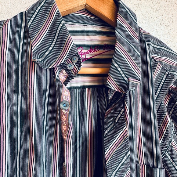 Bugatchi Uomo Button Down Shirt Flip Cuffs Stripes Large Men 100% Cotton Purple - Picture 7 of 12